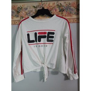 Cali Baby Small Life Is Good White Strip Knot Athleisure Crop Sport Top